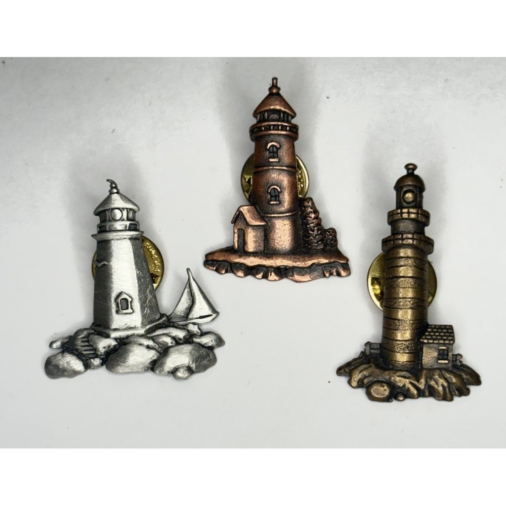 Vintage 3 JJ JONETTE Signed Lighthouse Brooch Pins Silver Gold Copper Tone
